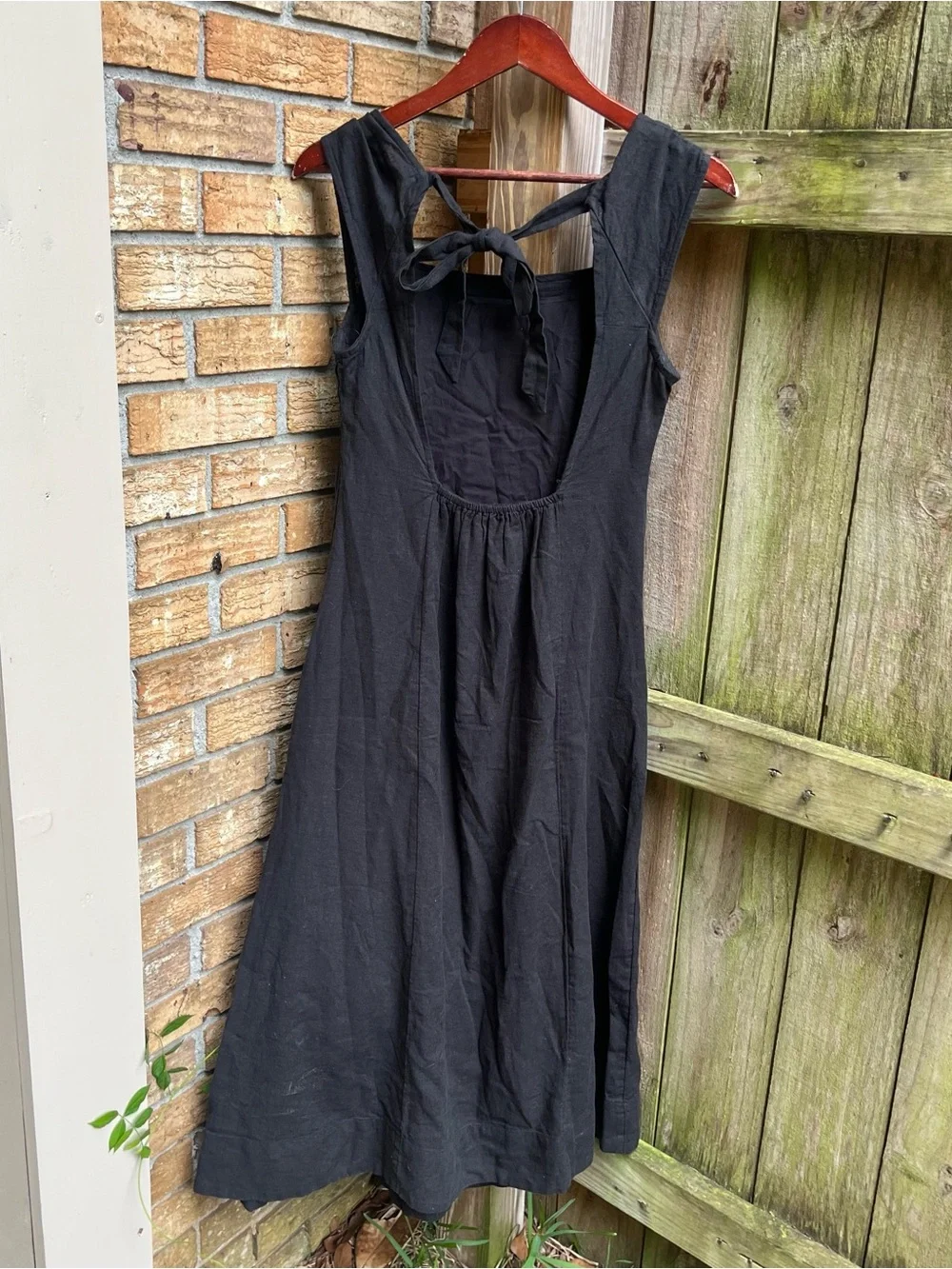 Free People Black Linen Blend Midi Dress with Tie-Back